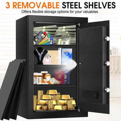 5.2 Cuft Large Fire Safes for Home, Security Safe Box Fireproof Waterproof with Digital Keypad, Key Lock and 3 Removable Shelves, Anti-Theft Fireproof Safe for Document Money Valuables