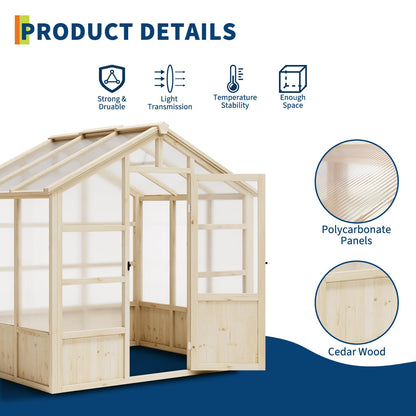 6x8FT Greenhouses for Outdoors, Wooden Greenhouse with Lockable Door, Wood Frame & Adjustable Vent, Polycarbonate Panel Heavy Duty Greenhouse for Outside, Garden, Yard, Light Brown