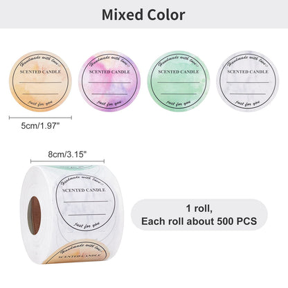 PH PandaHall 2 Inch Candle Stickers, 500pcs Waterproof Scented Candle Labels 4 Colors Handmade Candle Jar Stickers Self Adheisive Candle Labels for Candle Tins, Candle Boxes Packaging
