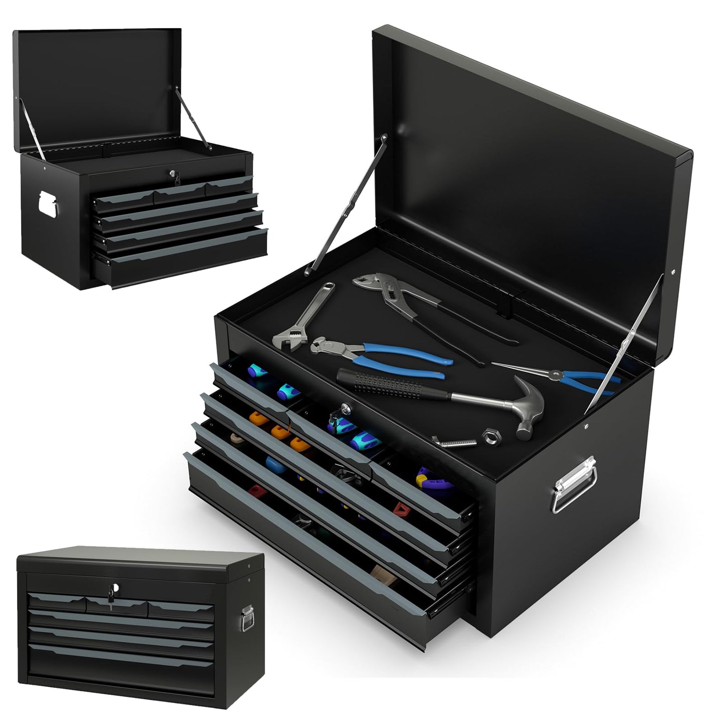 ERGOMASTER Steel Tool Box, 24'' Metal Tool Box with 6 Drawers, Lockable Heavy Duty Tool Chest Cabinet Storage Toolbox for Garage, Workshop, Repair Shop (Black-6 Drawers)