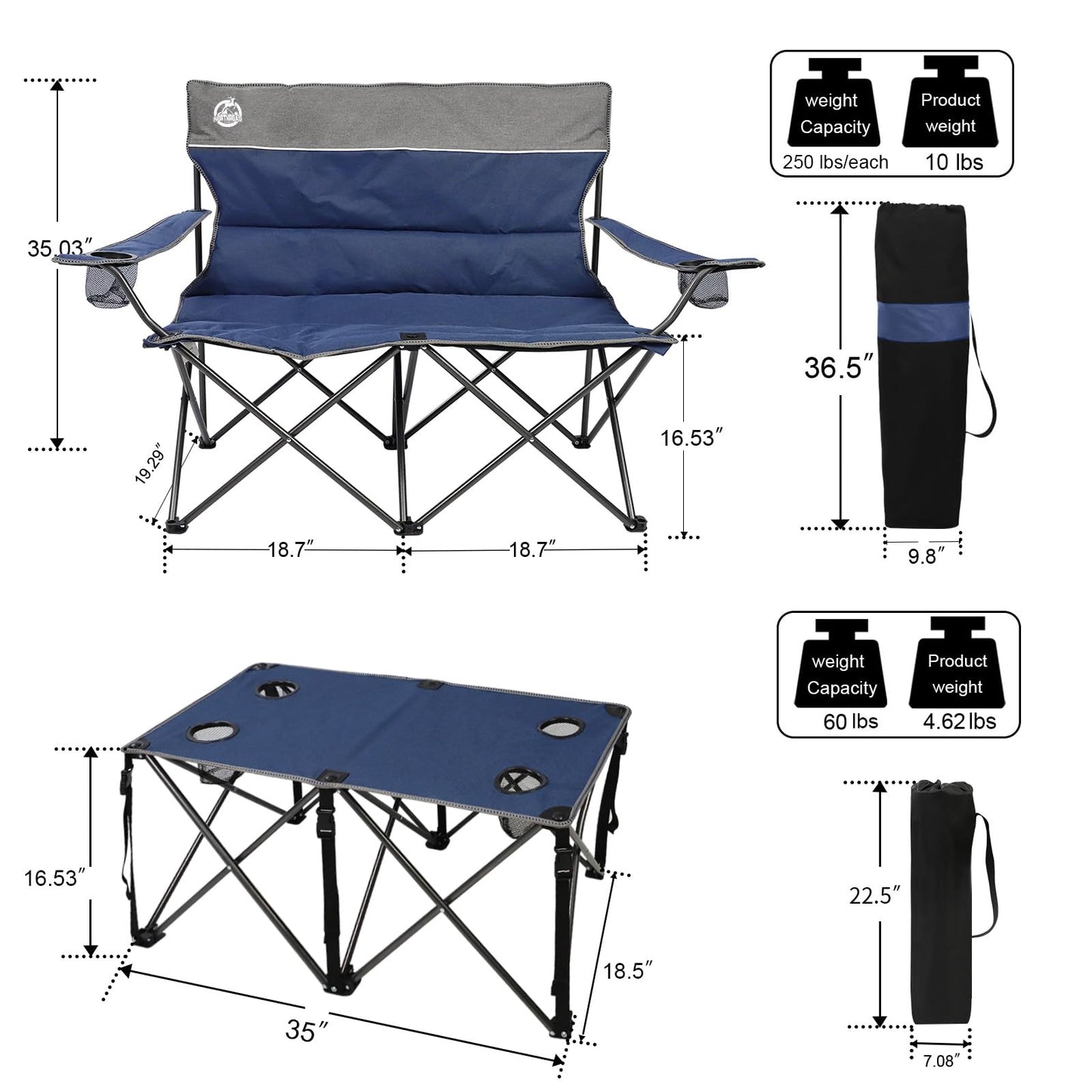 Northroad Folding Camping Chair Set of 4,Portable Collapsible Conversation Set w/1 Sofa,2 Single Chairs and 1 Table for Family Patio,Outdoor Travel,Beach(Blue)