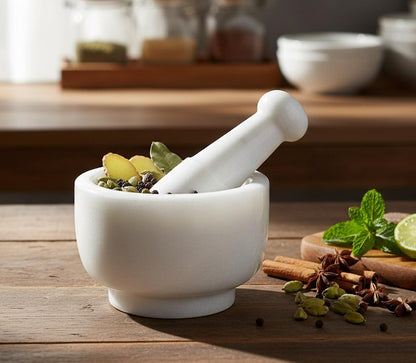 KLEO 5” Natural Stone Mortar and Pestle Set – Heavy Duty Spice & Herb Grinder, Guacamole Masher,Non-Porous, Odor Resistant – Garlic Crusher, Seed Grinder, Kitchen Tools(White)