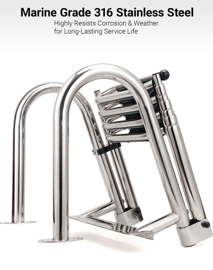 Mojiate 4-Step Heavy-Duty Stainless Steel Pontoon Boat Ladder with Extra Wide Steps & Handrails | Telescoping Folding Rear Entry Ladder, 600lbs Capacity, Marine-Grade 316 Stainless Steel