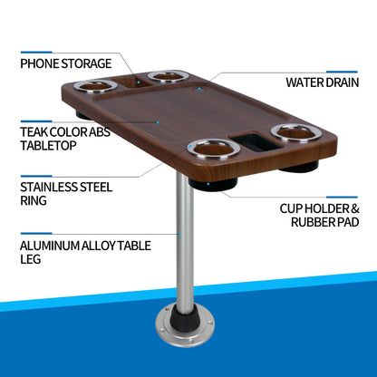 Pontoon Boat Table Set, 18"x34" Large Party Table with 2.5" Aluminum Pedestal Leg, 4 Yeti-Size Drink Holders & 2 Phone Slots – UV Resistant, Wobble-Free (Burylywood/Silver)