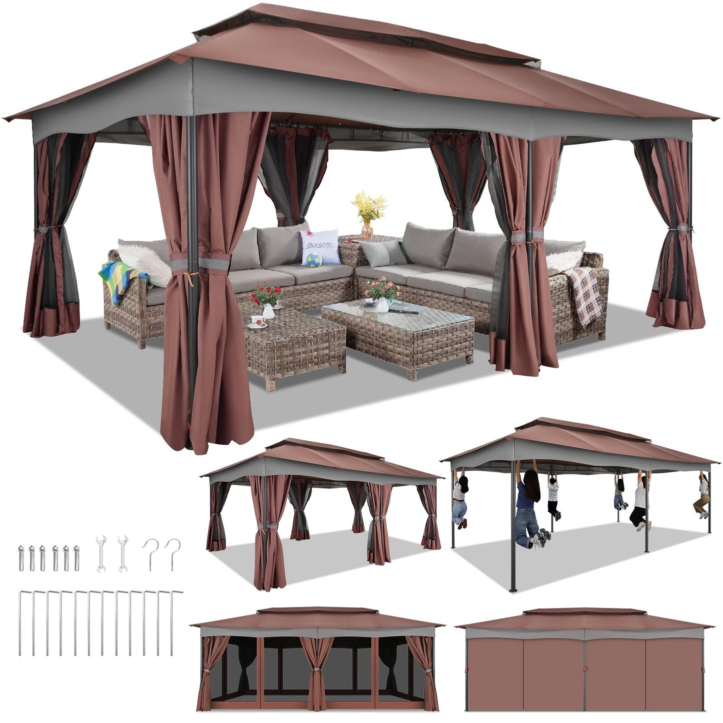 HOTEEL Gazebo 12x20, Outdoor Gazebo on Clearance with Double Ventilated Arc Roof, Privacy Curtains & Mosquito Netting, Easy Set up Canopy Tent with Stable Metal Frame for Patio Gazebo, Brown