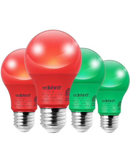 EDISHINE A19 LED Light Bulbs, 60W Equivalent, E26 Medium Base, Red & Green, Non-Dimmable, 9W, 4 Pack, ETL Listed