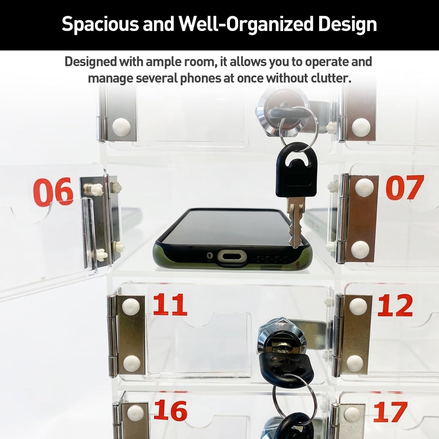 automoris 40-Slot Acrylic Cell Phone Locker Box, Large Capacity Clear Phone Storage Cabinet with Keys for Office, Gym, Factory，Swimming Pool, Name Card Slot Cell Phone Locker for Employees