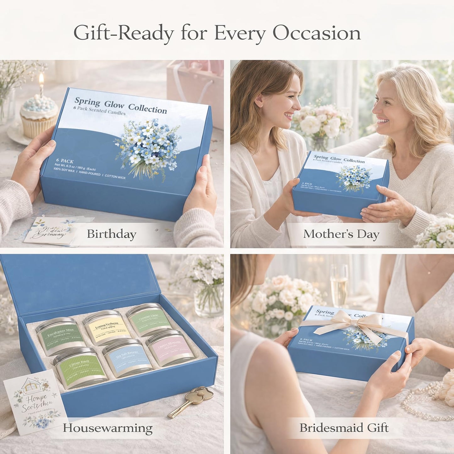 PELN Scented Candles for Women, Spring Summer 6 Pack Soy Wax Aromatherapy Candles, Lemon Verbena, Coconut Lime, Sea Salt Breeze, Citrus Basil, Eucalyptus Mint & Cherry Blossom