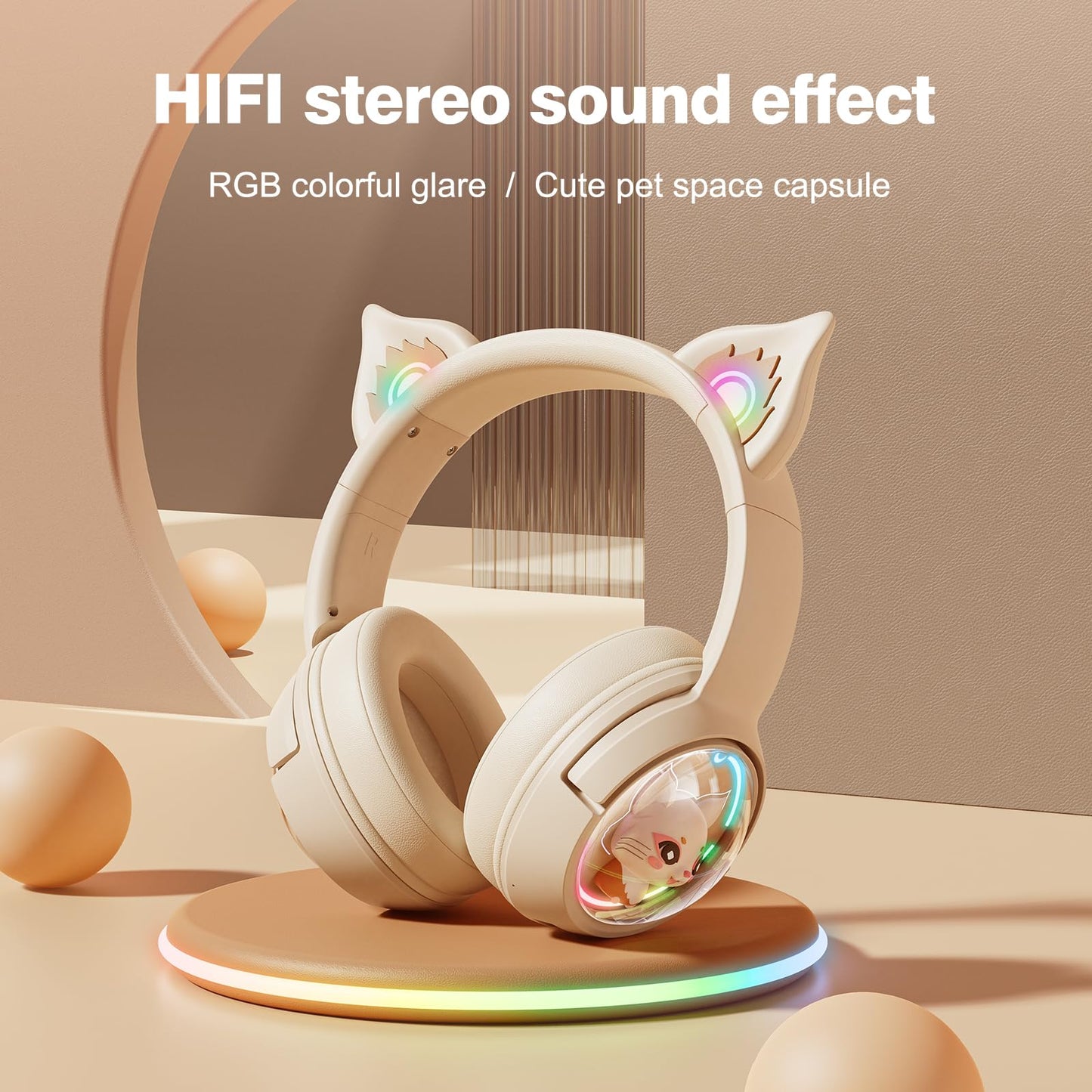 PHNIXGAM Cat Bluetooth Headphones, Wireless Headset with Mic, RGB LED Light Compatible with Mobile Phones PC Tablet, with 3.5mm Wired Mode for Audio Only, Beige