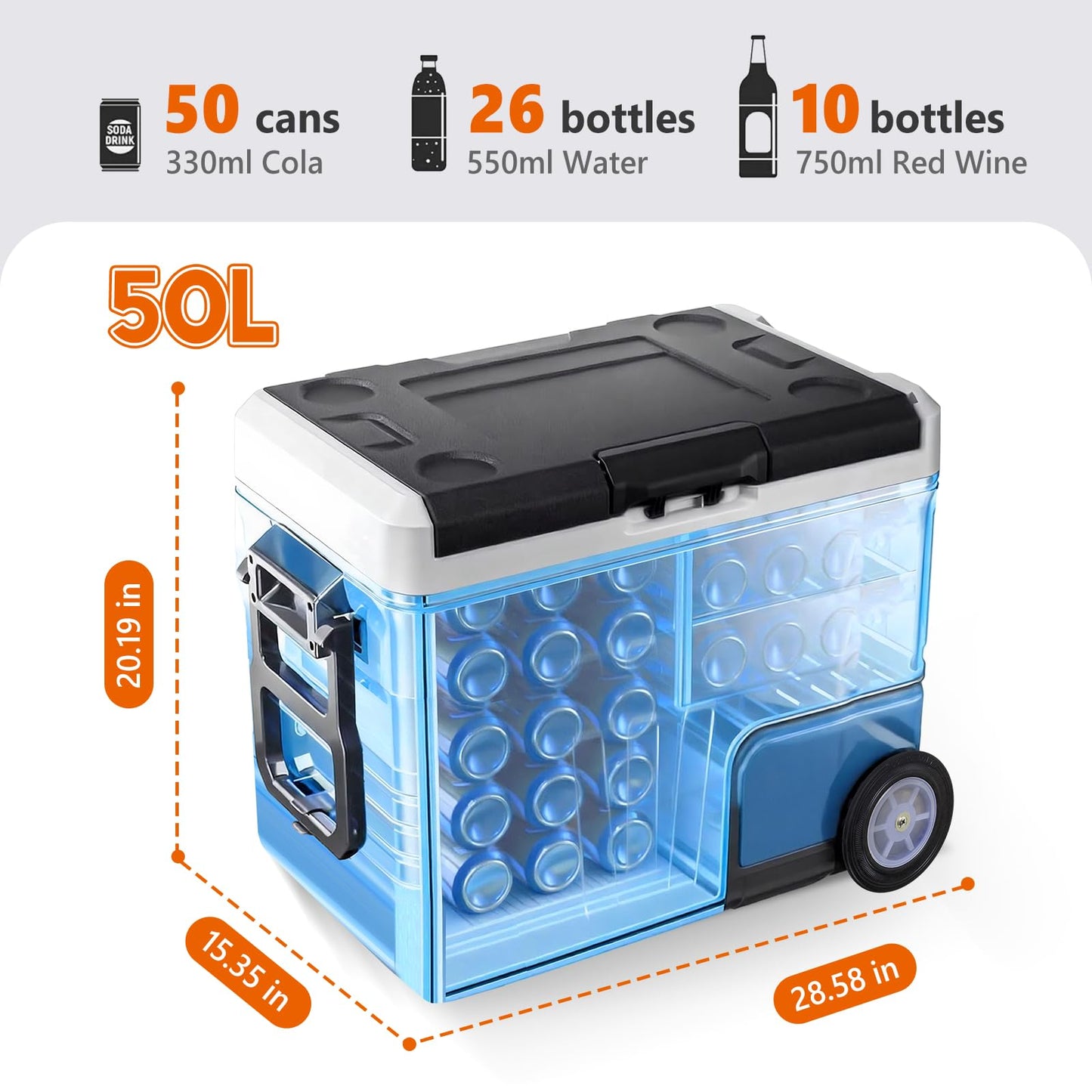 OLIXIS Portable Car Refrigerator, 53QT Dual-Zone Electric Cooler for Vehicles with Wheels & Cutting Board, -4℉-68℉ Freezer Smart Control via Bluetooth, Battery Protection, 12/24V DC & 100-240V AC
