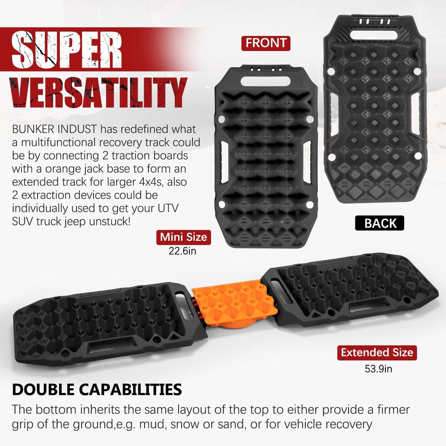 BUNKER INDUST Offroad Traction Boards with Jack Base + 3" x 20ft Tree Saver Winch Strap 35,000 lbs Recovery Straps