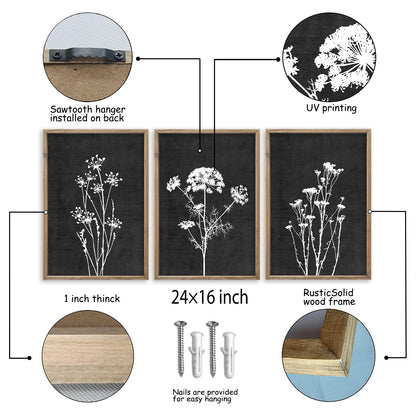Flower Plant Wall Art Decor 24"x16" Set of 3 Black And White Botanical Painting Wood Framed For Minimalist Bedroom Office Rustic Living Room Abstract Wildflower Sign Hanging (Wood Black)