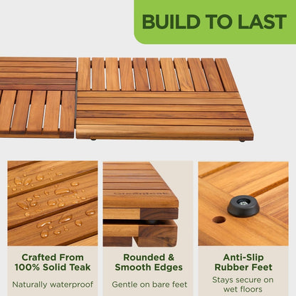 GREENTEAK Combo 22" Teak Shower Bench & Large Bath Mat 32", Teak Shower Stool with Shelf and Foldable Teak Bath Mat, Non-Slip Waterproof Spa Bathroom Seat, Indoor Outdoor