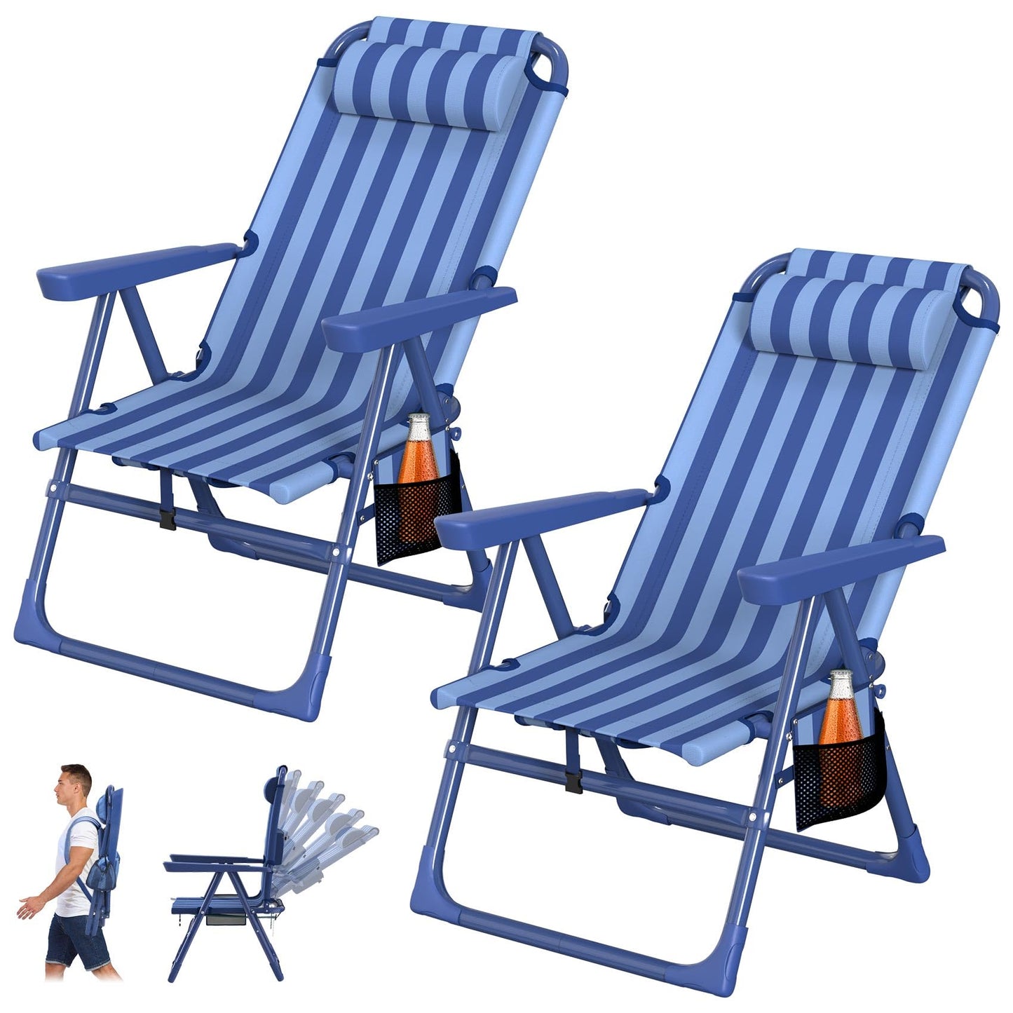 Suteck Backpack Beach Chairs for Adults 2 Pack, 6-Position Folding Reclining Chair with Cooler Bag & Cup Holder, Lightweight Portable Beach Chair for Camping, Outdoor, Sand, Travel Use