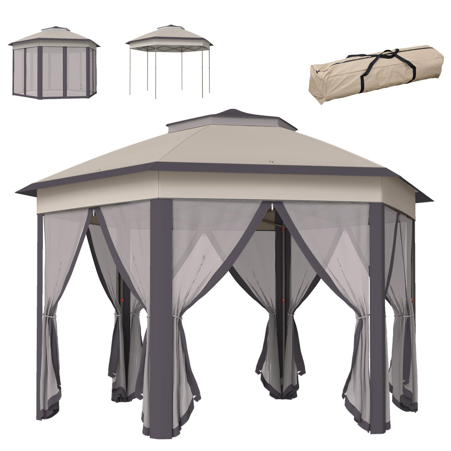Outsunny 13' x 13' Pop Up Gazebo, Hexagonal Canopy Shelter with 6 Zippered Mesh Netting, Event Tent with Strong Steel Frame for Patio Backyard Garden Wedding Party, Coffee and Beige