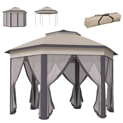 Outsunny 13' x 13' Pop Up Gazebo, Hexagonal Canopy Shelter with 6 Zippered Mesh Netting, Event Tent with Strong Steel Frame for Patio Backyard Garden Wedding Party, Coffee and Beige