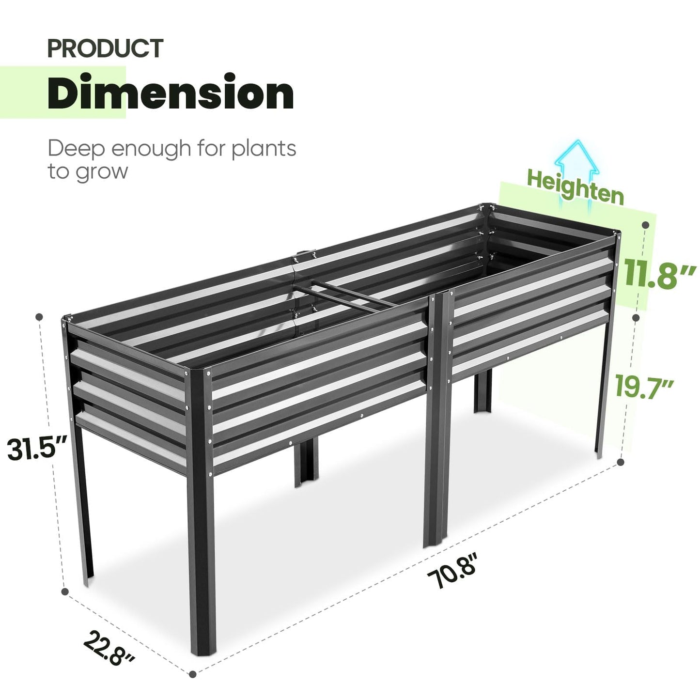 KING BIRD Raised Garden Bed with Irrigation System and Legs Galvanized Elevated Planter Box for Backyard, Patio, Balcony, 600lb Capacity, Dark Grey, 70.9x22.8x31.5 in