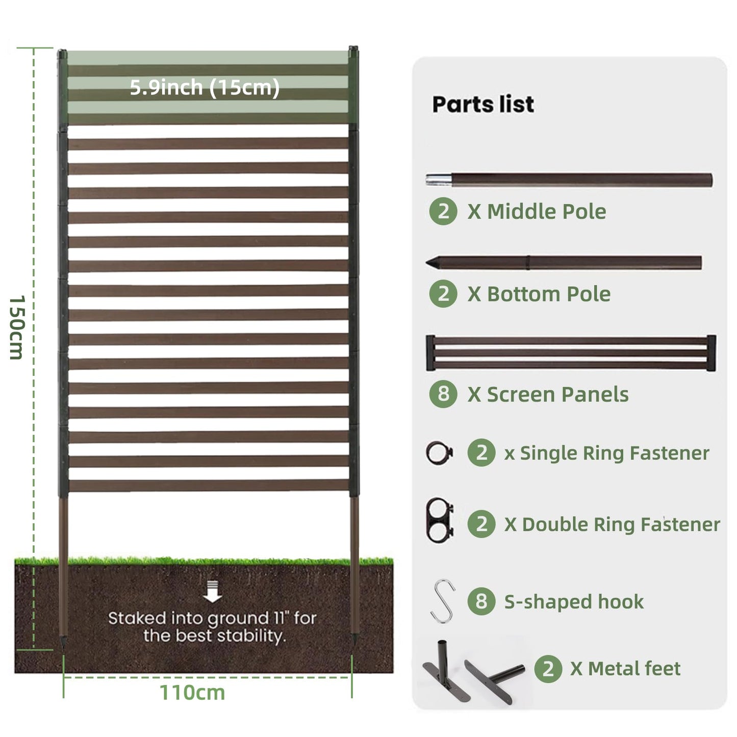 Outdoor Privacy Screens - Length: 43in, Height: 59in, Fence Privacy Screen, Freestanding Horizontal Fence, Metal Material, Anti-Corrosion and Weatherproof, Suitable for Outdoor Garden Courtyard