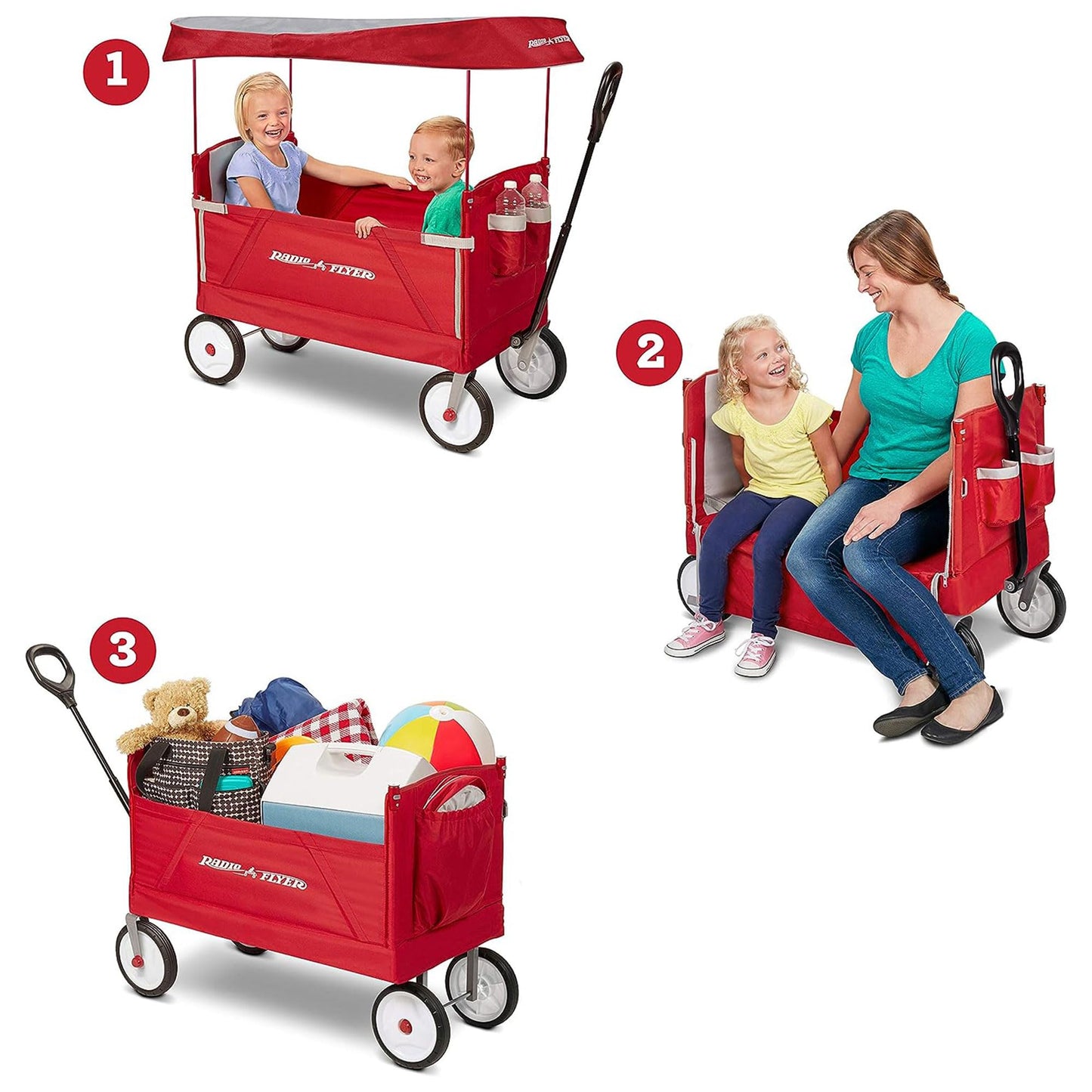Radio Flyer 3-in-1 EZ Fold Wagon with Canopy, for Kids 1.5+, UV Shade, One-Hand Flat Fold, Seats 2 or Converts to Bench, DuraClean Fabric, Rubber Tires, 150 lb Capacity, Wagon for Kids or Cargo