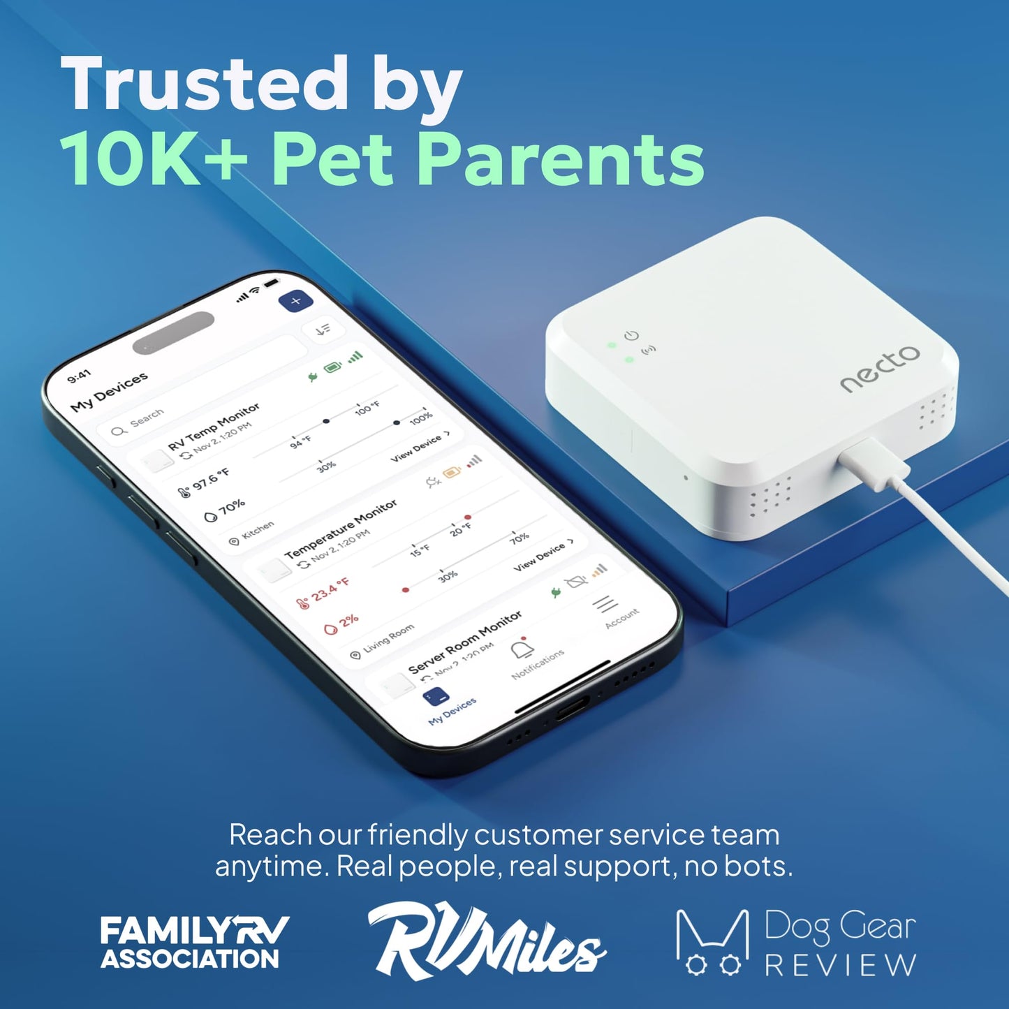 Necto Cellular Temperature Monitor - Remote Power Failure Alarm & Humidity Sensor with Unlimited Alerts. Temp Monitoring System for RV Pet Safety, Vacation Home, Server Room. No Fees or WiFi Required