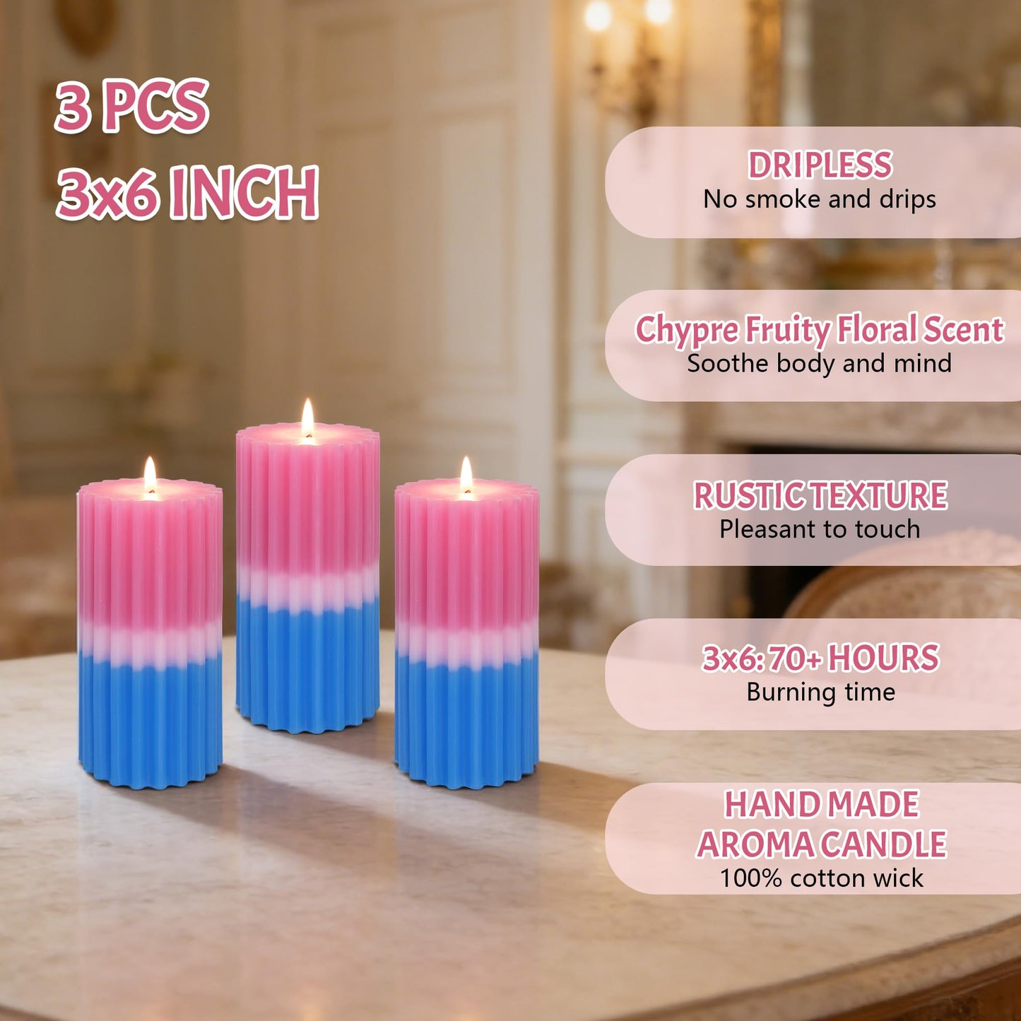 Ribbed Pillar Candles Set of 3 Width 3" High 6" 100% Cotton Core Paraffin Wax Floral & Fruity Scented Candles for Bathroom Living Room Home Decor, 70H+ Long Burning Time|1PC Aromatherapy Candle