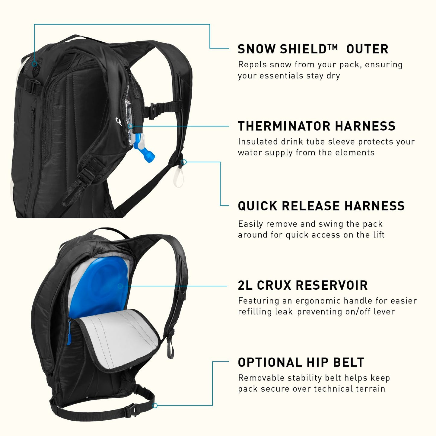 CamelBak Powderhound 12 Snow Hydration Pack with Ski and Snowboard Carry, Insulated Design for All Day Winter Riding, Black/White