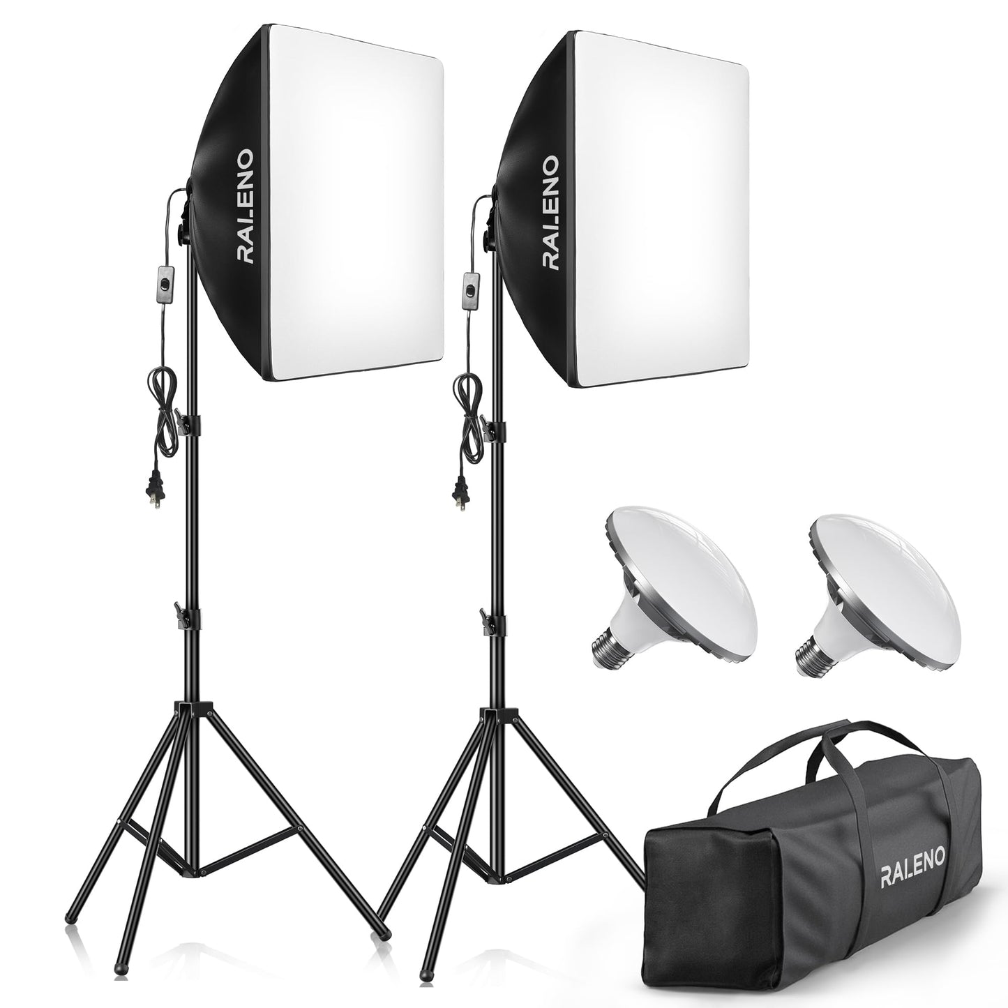 RALENO Softbox Lighting Kit, 20X20-Inch Photography Lighting Kit with LED Bulbs(60W | 5500K | CRI>97 | 3m Cable) & 80'' Tall Light Stands, Soft Box for Recording/Portrait Photography | Model: PS70