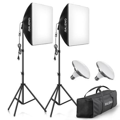 RALENO Softbox Lighting Kit, 20X20-Inch Photography Lighting Kit with LED Bulbs(60W | 5500K | CRI>97 | 3m Cable) & 80'' Tall Light Stands, Soft Box for Recording/Portrait Photography | Model: PS70