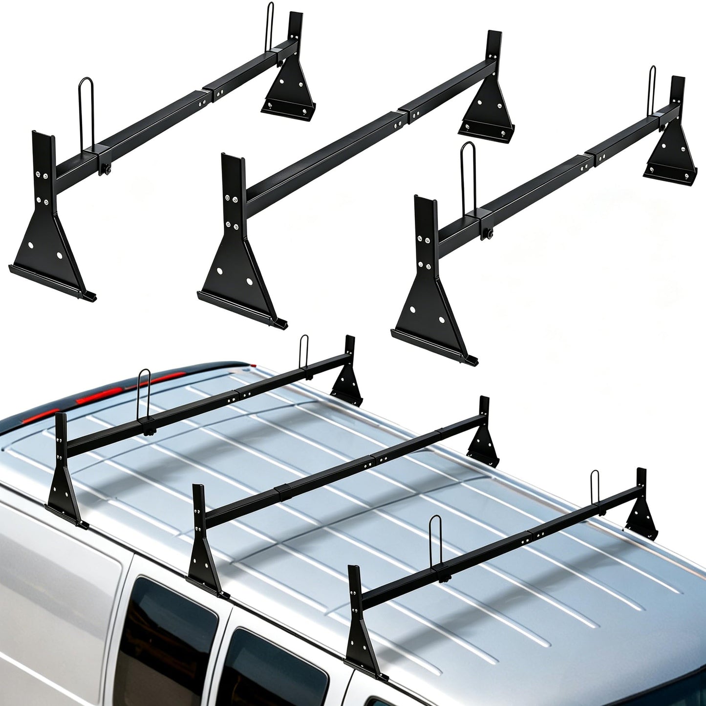 hightall Universal Van Ladder Rack,Adjustable Length 57-70" with Cargo Stoppers,Compatible with Chevy Express 1500 2500 3500 Ford Econoline GMC Savana Fullsize with Rain Gutter
