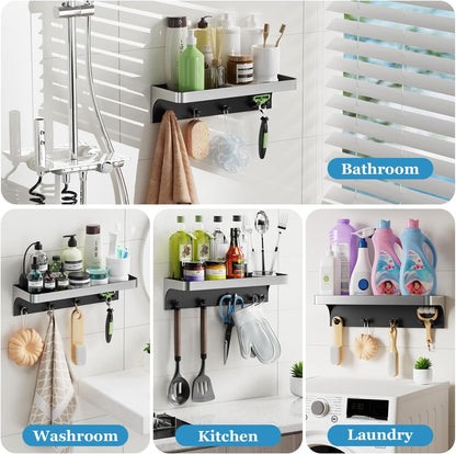 Skiennix Shower Caddy - Adhesive Shower Shelves with Hooks | No Drill, Rustproof Bathroom Organizer - Silver