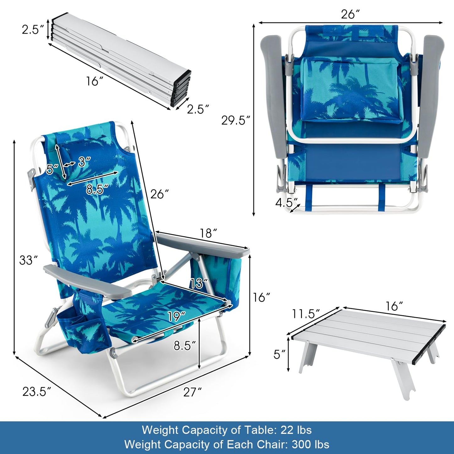 GYMAX Beach Chairs, Backpack Camping Chair with Armrest, Cooler Bag, Cup Holder, Towel Bar & Side Pockets, Sunbath Sling Tanning Lounge, Folding Layout Chair (with Table, Coconut Tree)