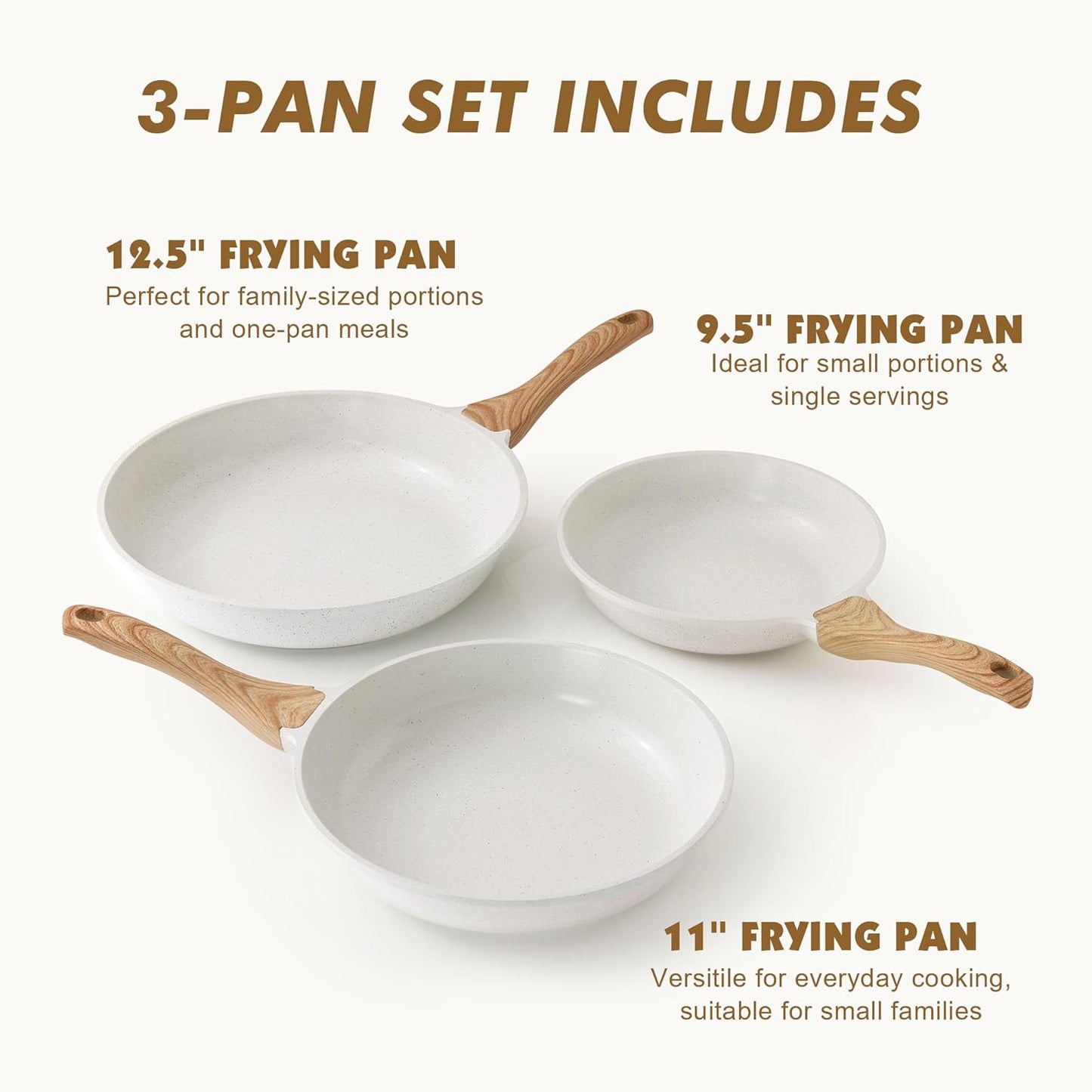 SENSARTE Nonstick Frying Pan Set - White Ceramic Coating Chef's Cookware | Healthy & PTFE-Free (9.5, 11, 12.5 Inch)