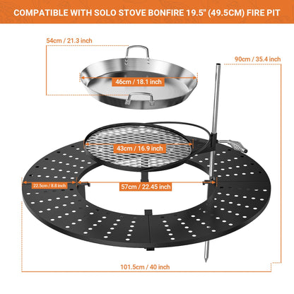 onlyfire Direct Mount Tabletop & Cooking Kit Combo for Solo Stove Bonfire 19.5 inch Fire Pit, 40" Round Heat-Resistant Surround Tray, Height-Adjustable Swivel BBQ Grate, Stainless Steel Griddle Plate