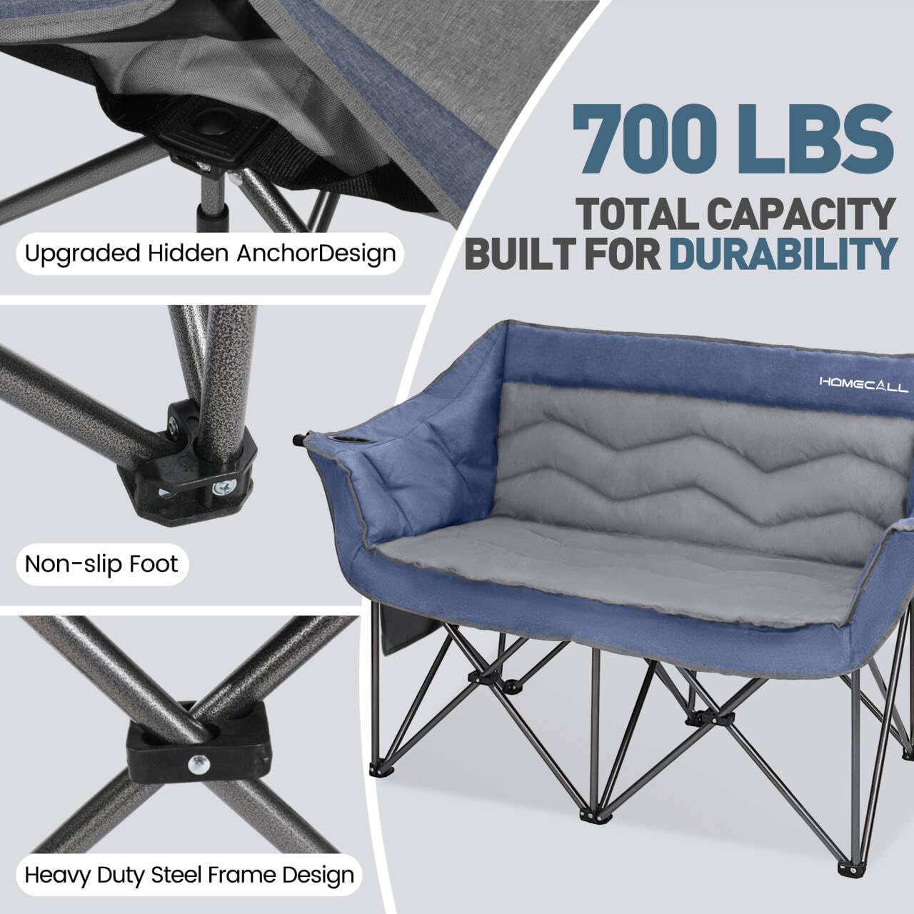 HOMECALL Oversized Double Camping Chair for Adults - Heavy Duty Folding Loveseat Support 700 lbs, Extra Wide 2 Person Camping Couch with Thick Padding, Cup Holders & Storage Bag, Blue