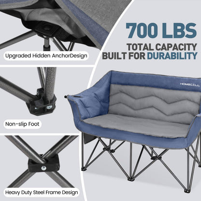 HOMECALL Oversized Double Camping Chair for Adults - Heavy Duty Folding Loveseat Support 700 lbs, Extra Wide 2 Person Camping Couch with Thick Padding, Cup Holders & Storage Bag, Blue