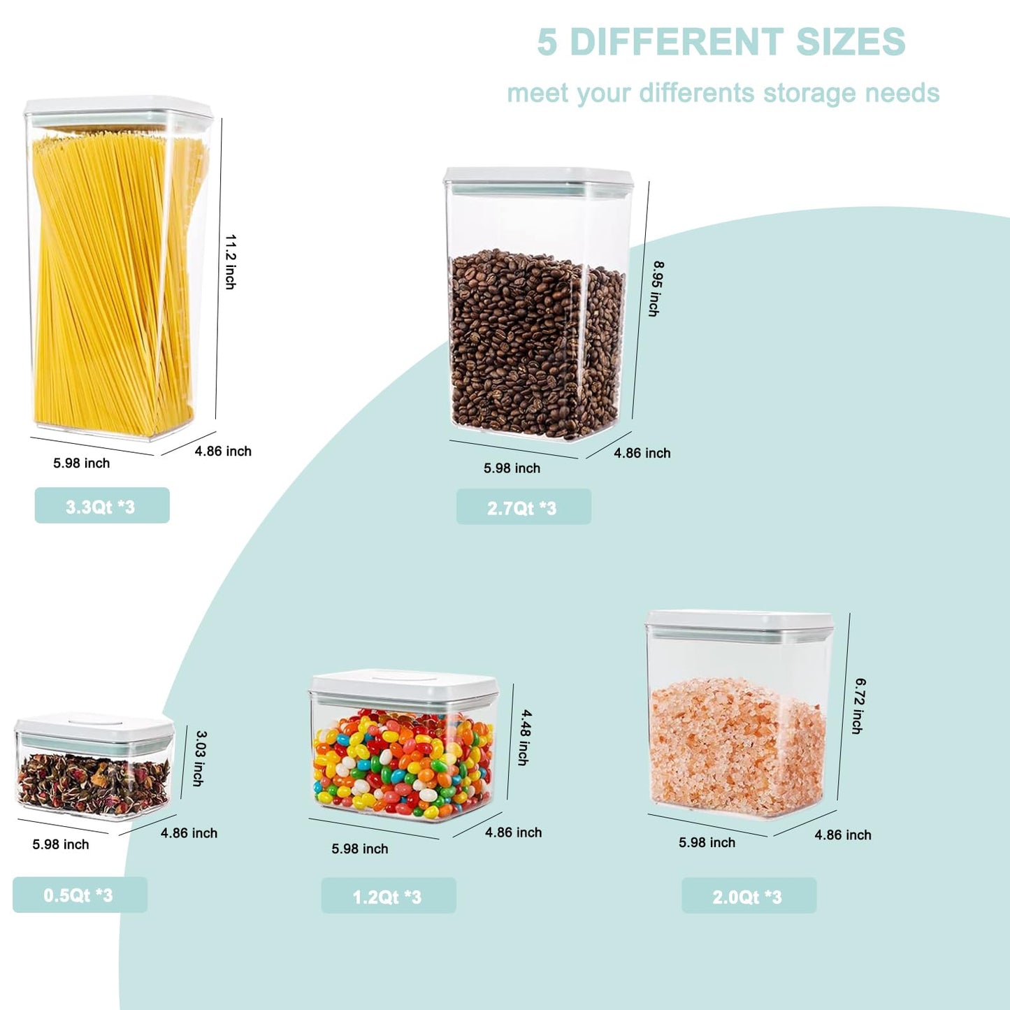 Cozey Daily Pop Containers with Lids - Stackable Airtight Food Storage, Kitchen Pantry Storage Containers for Snacks Candy Salt Herbs Spices BPA-Free (15PCS (0.5 + 1.2 + 2.0 + 2.7 + 3.3 Qt) * 3)