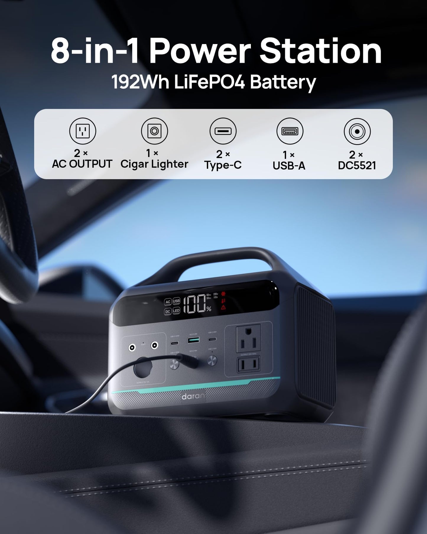 Portable Power Station 300W, 192Wh Large Power Bank with 110V AC Outlet, LiFePO4 Battery Backup,8-Ports Solar Generator Fast Charging for Camping, Hurricane Emergency, Outdoor,Home(Solar Optional)
