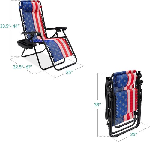 Best Choice Products Adjustable Steel Mesh Zero Gravity Lounge Chairs - Set of 2 with Pillows & Cup Holders | American Flag Design