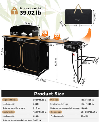 KingCamp Bamboo Camp Kitchen Table, Slide-Out Overland Table with 400L Storage, Portable Outdoor Prep Station with Sink, Windscreen & Lantern Pole for RV, Tailgating, BBQ