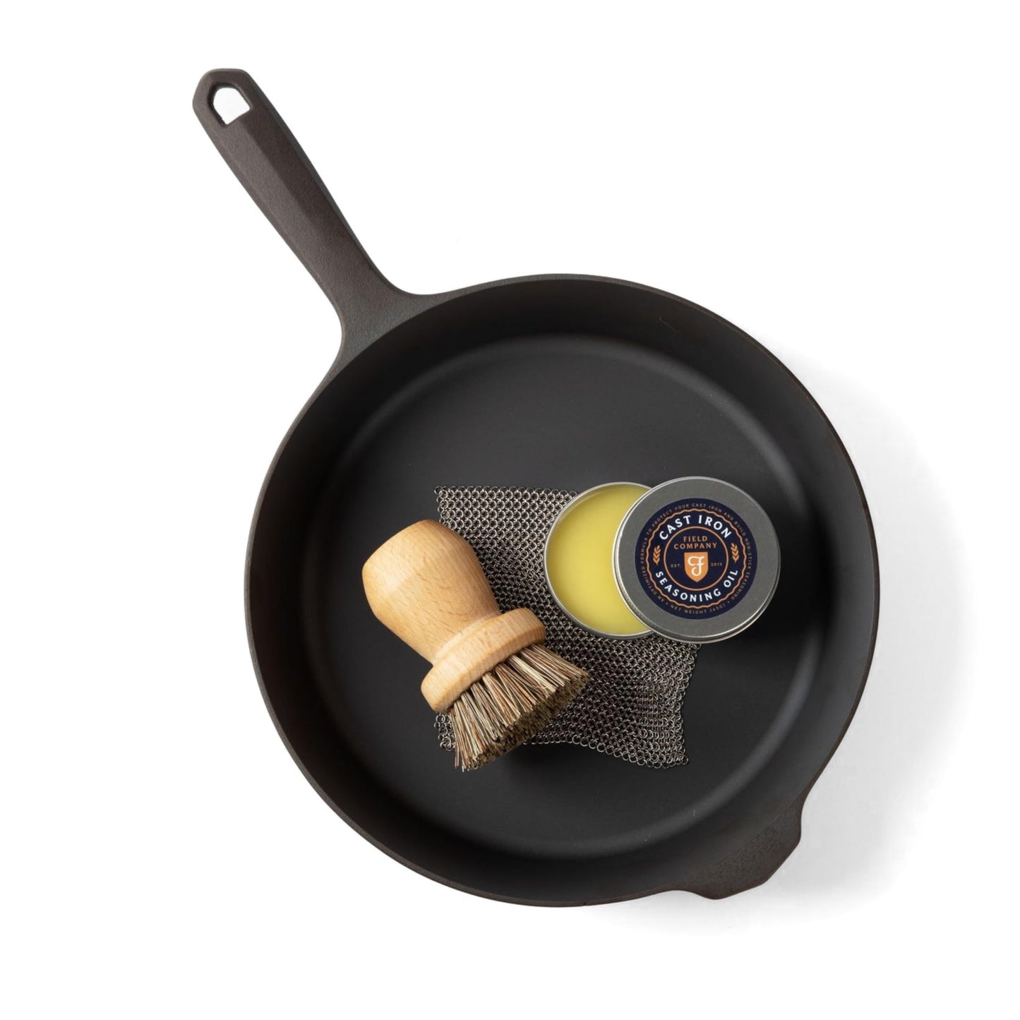 Field Cast Iron Starter Set -10.25 Inch Cast Iron Skillet with Cleaning Kit: Natural Fiber Brush, Chain Mail Scrubber & Organic Seasoning Oil – Lightweight, Preseasoned, Made in USA, Vintage Design