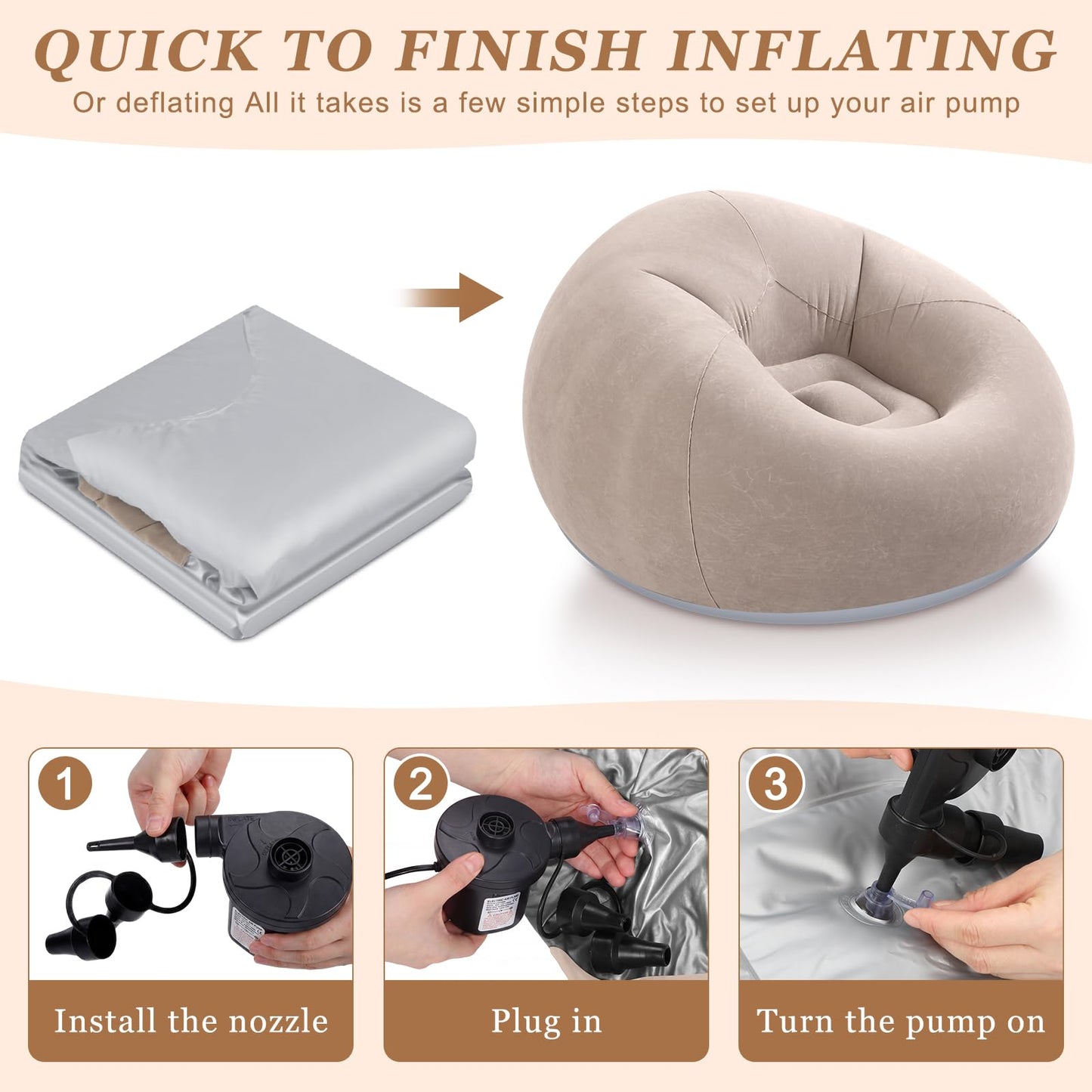 Huwena 12 Pcs Bean Bag Chair Set Include 6 Inflatable Bean Bag Chairs Blow up Sofa 6 Throw Blankets with Air Pump Inflatable Couch Lazy Sofas for Movie Night Camping Outdoor (Coffee)