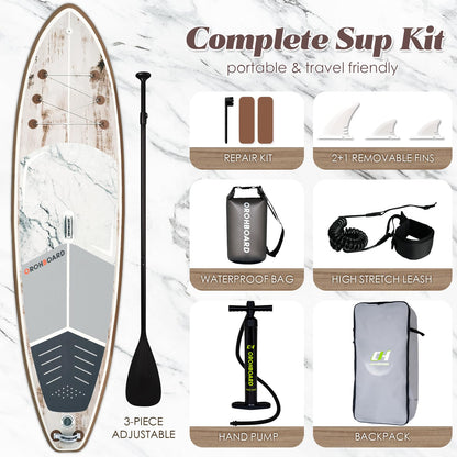 Inflatable Paddle Board, 10'6" x 32" Sup Board with High-Density Brushed Anti-Slip Deck, Double Scratch & Wear Resistance Full-Print Woodgrain Design, All-Around Stand Up Paddle Board