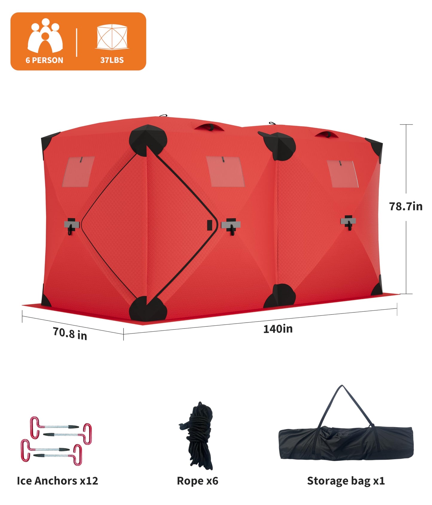 ActiveTrail Ice Fishing Tent Insulated Pop Up Hub Style Ice Shanty, 11.6 x 6.5 x 6 ft Portable Ice Fishing Shelter for 6 to 8 People, Windproof Ice Fishing Hut with Carry Bag, Ice Anchors, Vents