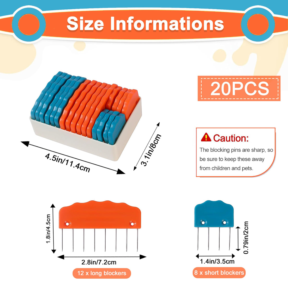 20pcs Knit Blocking Pin Kit, Knit Blockers Combs for Crochet Knitting Blocking Board Mats, Knit Blocking Pins for Crochet Projects Sewing Lace Needlework Projects Tool (Orange Blue)