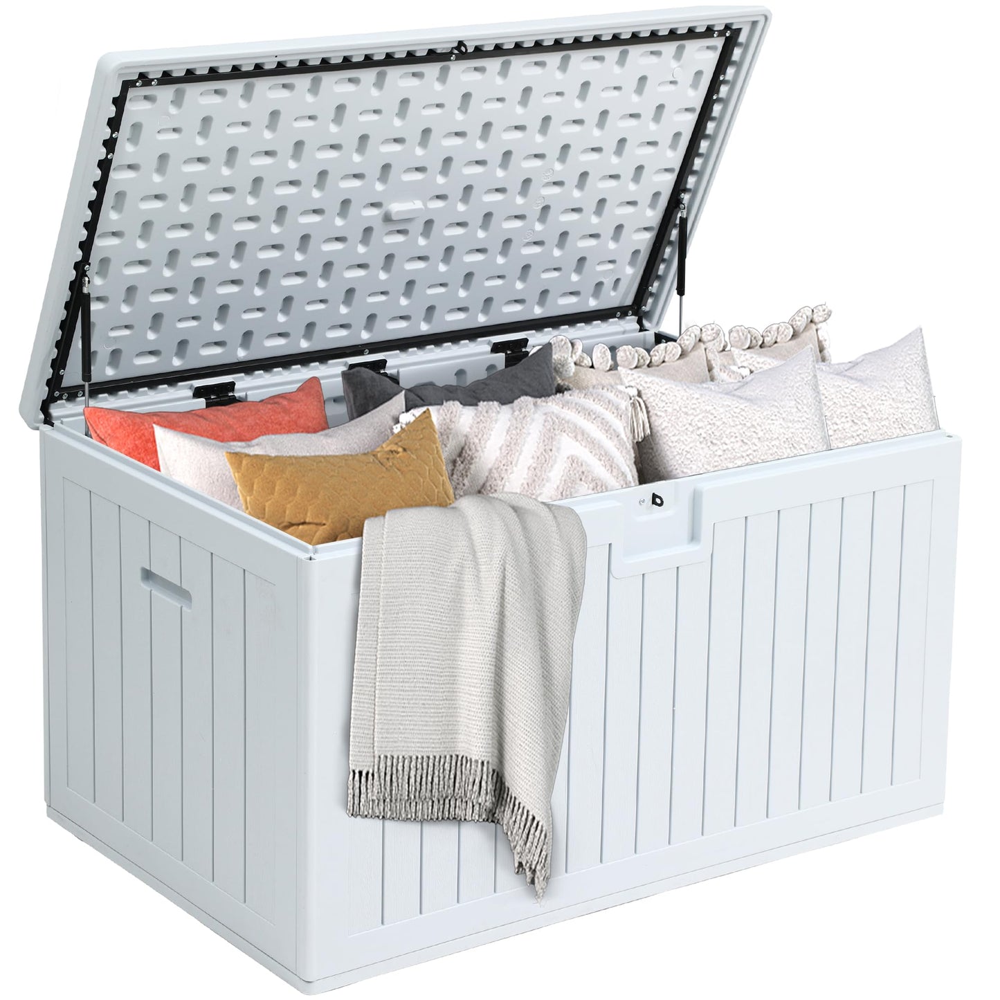 DWVO 180 Gallon Resin Outdoor Storage Box, XXL Double-Wall Waterproof Deck Box, Doubles as Table or Seating with 1000 lbs Capacity, Lockable (Grayish-White)