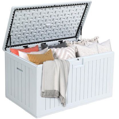 DWVO 180 Gallon Resin Outdoor Storage Box, XXL Double-Wall Waterproof Deck Box, Doubles as Table or Seating with 1000 lbs Capacity, Lockable (Grayish-White)