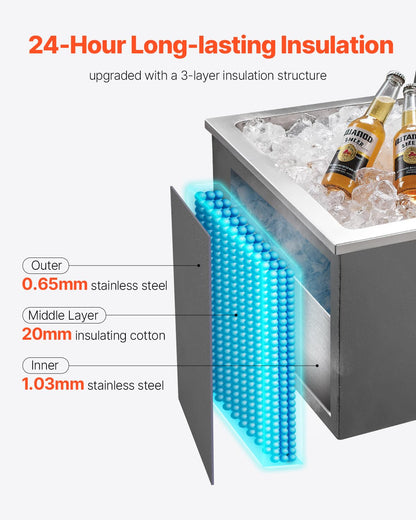 VEVOR Drop in Ice Chest, 20" L x 16" W x 13" H Stainless Steel Drop in Cooler, 44.7 Quart Commercial Ice Bin with Flip Lid for Outdoor Kitchen Patio Bar, Drain-Pipe Set Included, for Cold Wine Beer