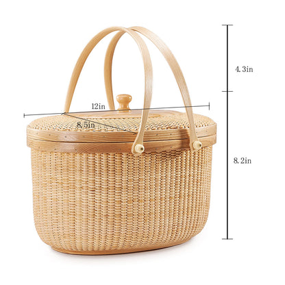 Teng Jin Nantucket Sewing Basket, Cane-on-cane Weave, Hard Ash, Oval, With Lid and Wood Handles
