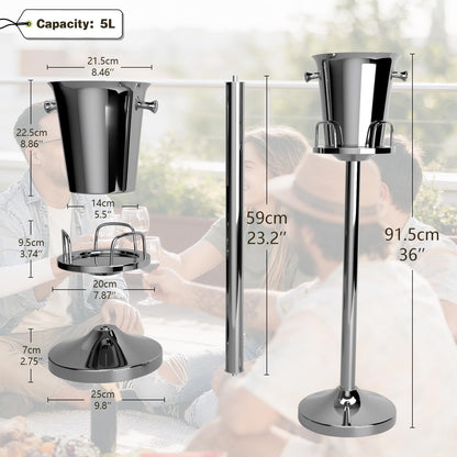 Champagne Bucket with Stand, Wine Bucket Stand with 5L Bucket, Stainless Steel Standing Ice Buckets for Bar, KTV, Hotel, Party, Gathering (Silver, 2 Packs)