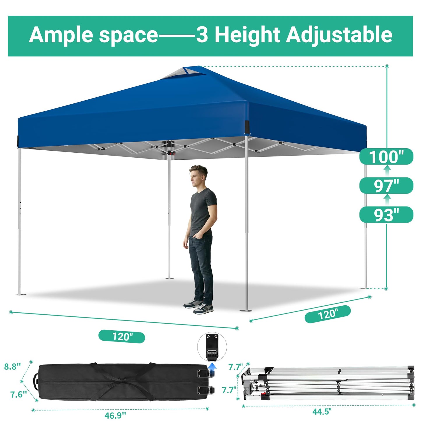 10 x 10FT Blue Pop Up Canopy Tent, Easy Setup Outdoor Portable Gazebos Shelter Sun Shade with Wheeled Carry Bag, Sandbags for Events, Party, BBQ, Backyard, Adjustable Height